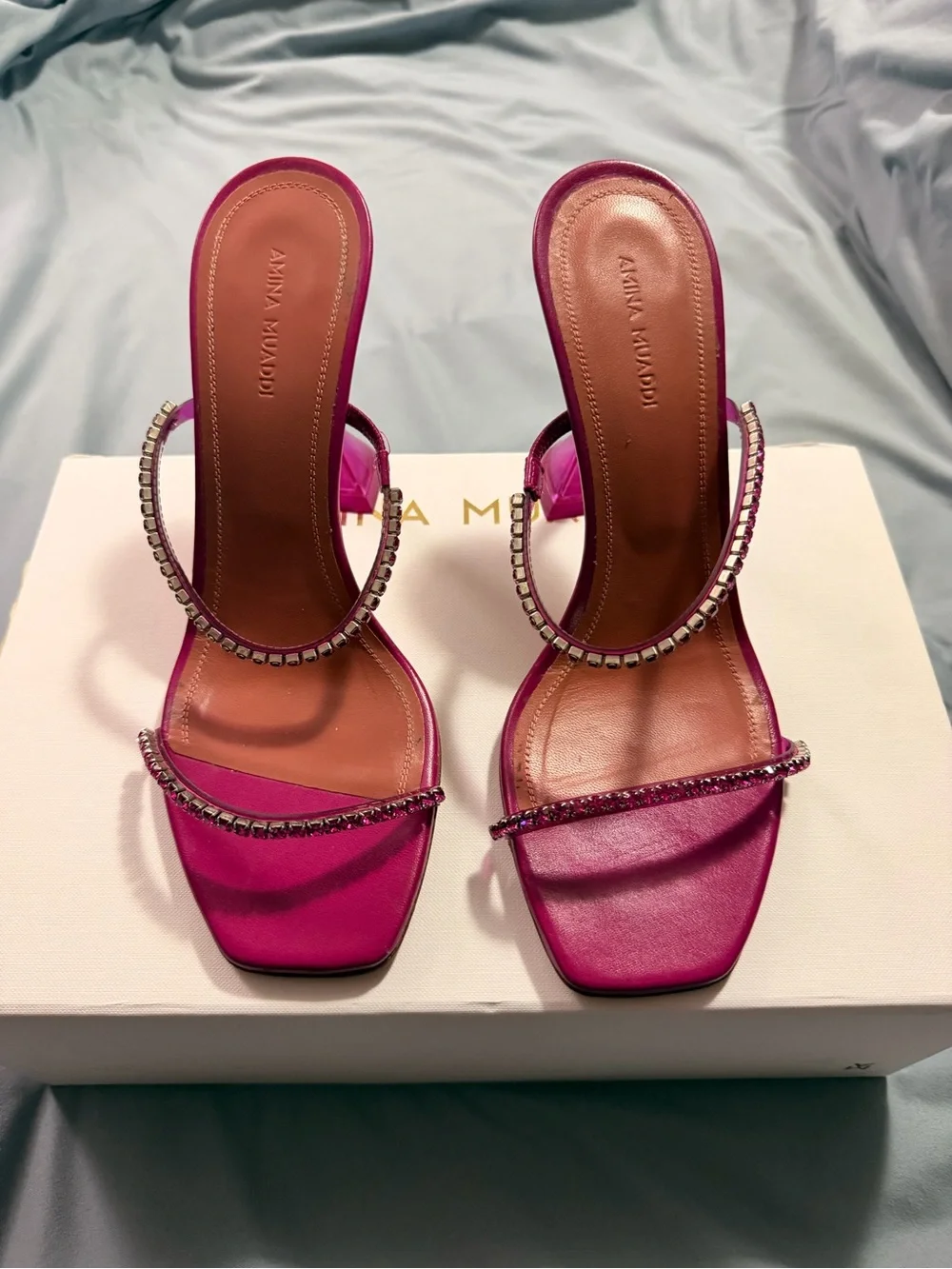 Amina Muaddi Gilda Glass Magenta Pink Heels